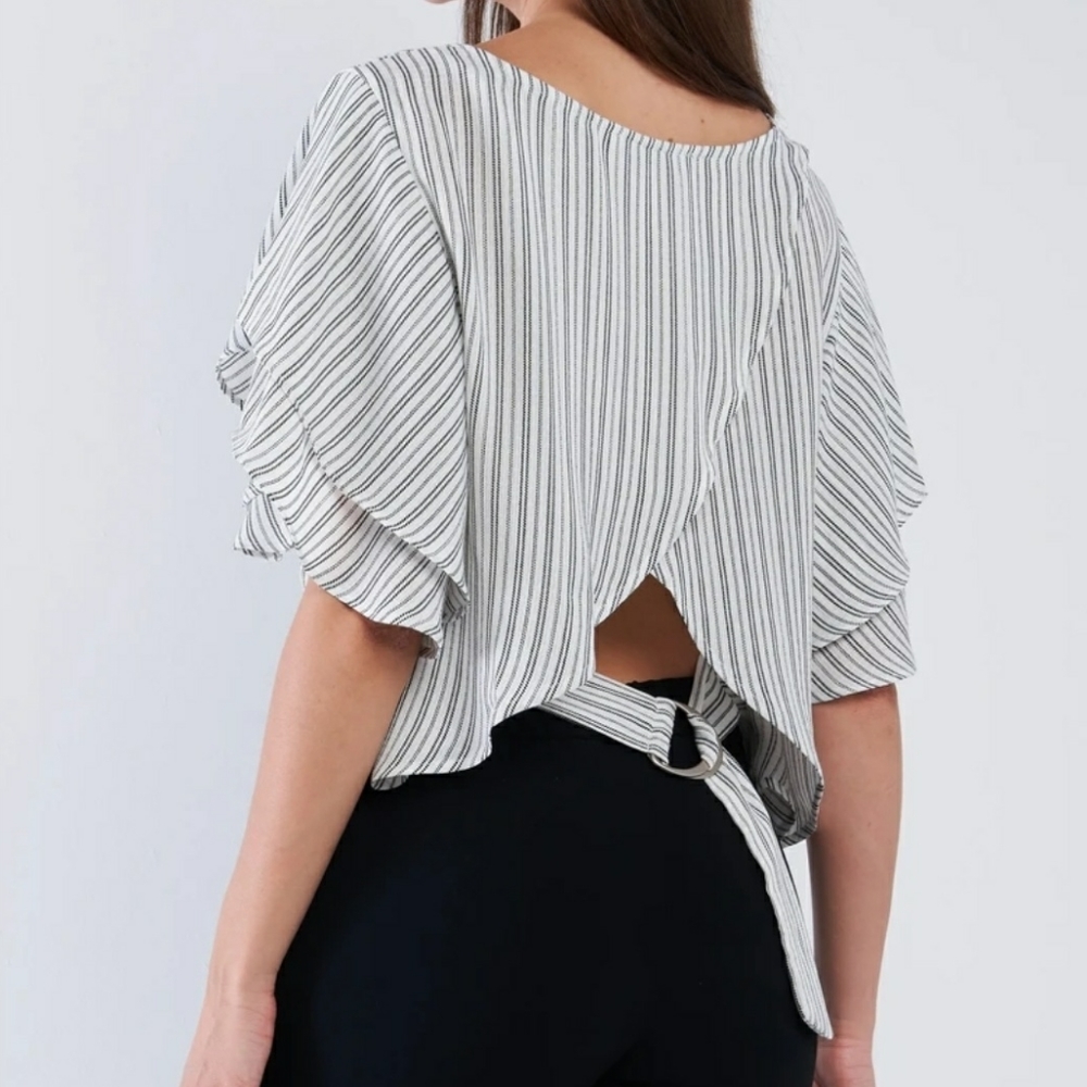 Striped Ruffled Belted Blouse
